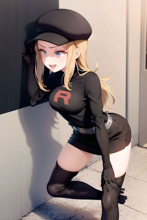 1girl, solo, long hair, very long hair, skirt, thighhighs, gloves, long sleeves, hat, full body, blonde hair, boots, blue eyes, thigh boots, logo, black footwear, black gloves, team rocket, team rocket uniform, black skirt, one beautiful girl, masterpiece, absurdres, evil smile, masturbating, masturbation, large breasts, very large breasts, standing, female_masturbation, female masturbation, NSFW, bedroom,<lora:more_details:0.8>, TMRckt, team rocket, team rocket uniform, OverallDetail, blue eyes, face, evil face