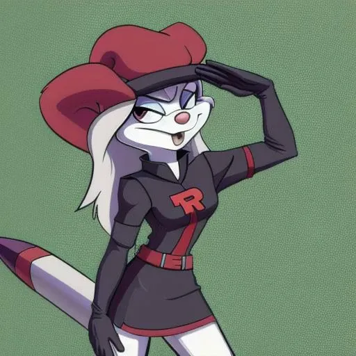 Minerva Mink (Animaniacs), 1girl, solo, <lora:TMRckt:1>, TMRckt, team rocket, team rocket uniform, ((clothes writing)), salute, best quality, masterpiece, highres