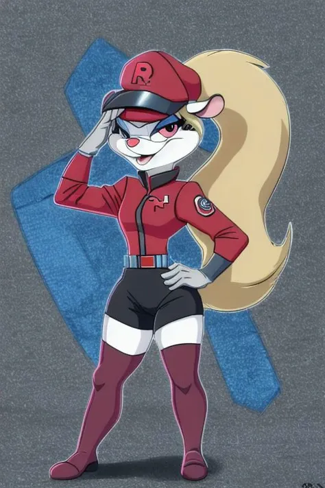Minerva Mink (Animaniacs), 1girl, solo, <lora:TMRckt:1>, TMRckt, team rocket, team rocket uniform, ((clothes writing)), salute, best quality, masterpiece, highres