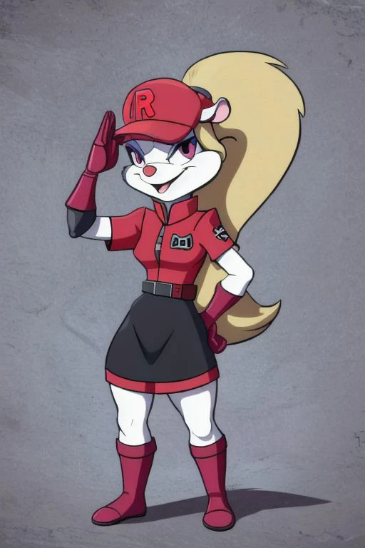 Minerva Mink (Animaniacs), 1girl, solo, <lora:TMRckt:1>, TMRckt, team rocket, team rocket uniform, ((clothes writing)), salute, best quality, masterpiece, highres