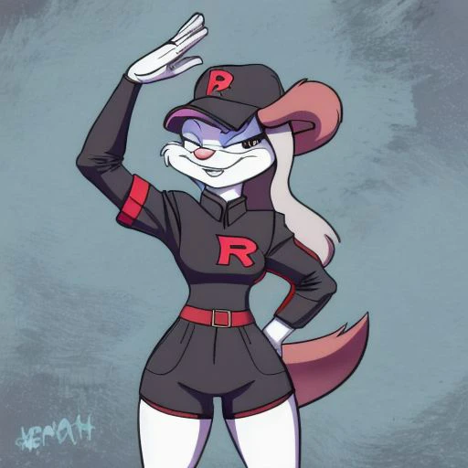 Minerva Mink (Animaniacs), 1girl, solo, <lora:TMRckt:1>, TMRckt, team rocket, team rocket uniform, ((clothes writing)), salute, best quality, masterpiece, highres