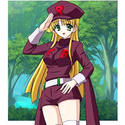 1girl, solo, <lora:TMRckt:0.8>, TMRckt, team rocket, team rocket uniform, ((clothes writing)), salute, best quality, masterpiece, highres, <lora:asia_argento:1> asia_argento