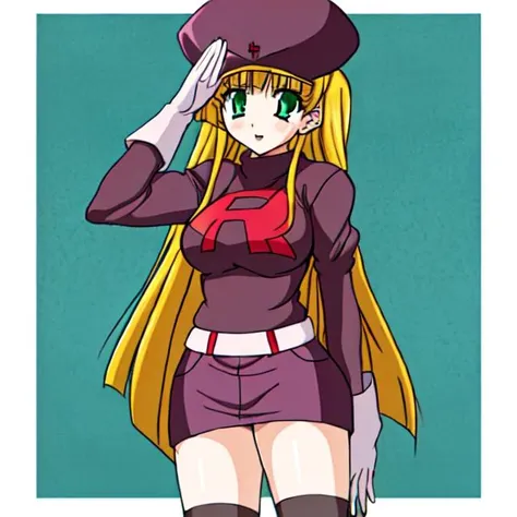 1girl, solo, <lora:TMRckt:0.9>, TMRckt, team rocket, team rocket uniform, ((clothes writing)), salute, best quality, masterpiece, highres, <lora:asia_argento:1> asia_argento, glowing eyes, mind control
