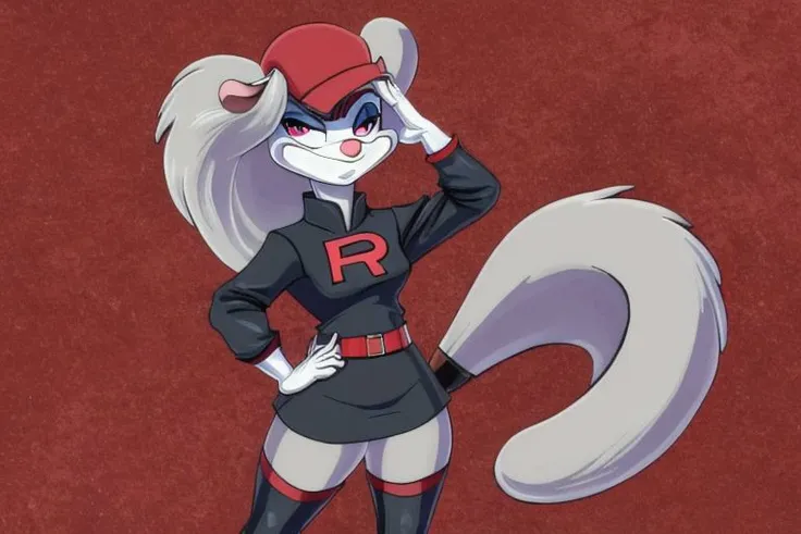 Minerva Mink (Animaniacs), 1girl, solo, <lora:TMRckt:1>, TMRckt, team rocket, team rocket uniform, ((clothes writing)), salute, best quality, masterpiece, highres