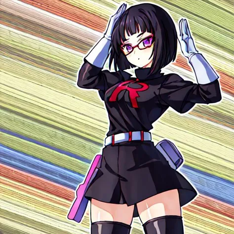 1girl, solo, <lora:TMRckt:0.9>, TMRckt, team rocket, team rocket uniform, ((clothes writing)), salute, best quality, masterpiece, highres, glowing eyes, mind control, <lora:sonaSitriDxd_sonaSitri:0.8>, black hair, purple eyes, short hair, bob cut,