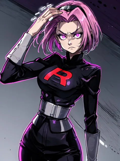 best quality,<lora:add_detail:0.25>, (1girl, solo, adult female, mature female), <lora:concept_goodHands:1>, <lora:detailed_eyes:1>,
<lora:concept_changeACharacter_TeamRocket_(TMRckt--team rocket--team rocket uniform--clothes writing):0.9>, TMRckt, team rocket, clothes writing,
lithe body,
<lora:character_harunoSakuraNaruto_lykon:0.58>, haruno sakura, stern face, serious face, glowing purple eyes, purple eyes, glowing eyes, (long white buttoned suit jacket, long sleeves, buttoned tailored suit), tight pants, pink hair, looking at viewer, frown