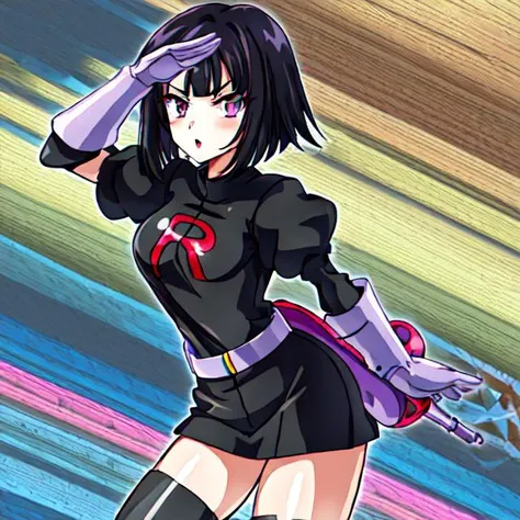 1girl, solo, <lora:TMRckt:0.9>, TMRckt, team rocket, team rocket uniform, ((clothes writing)), salute, best quality, masterpiece, highres, glowing eyes, mind control, <lora:sonaSitriDxd_sonaSitri:0.8>, black hair, purple eyes, short hair, bob cut,