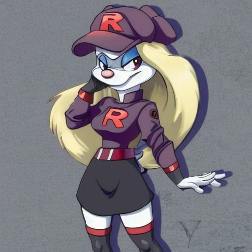 Minerva Mink (Animaniacs), 1girl, solo, <lora:TMRckt:1>, TMRckt, team rocket, team rocket uniform, ((clothes writing)), salute, best quality, masterpiece, highres