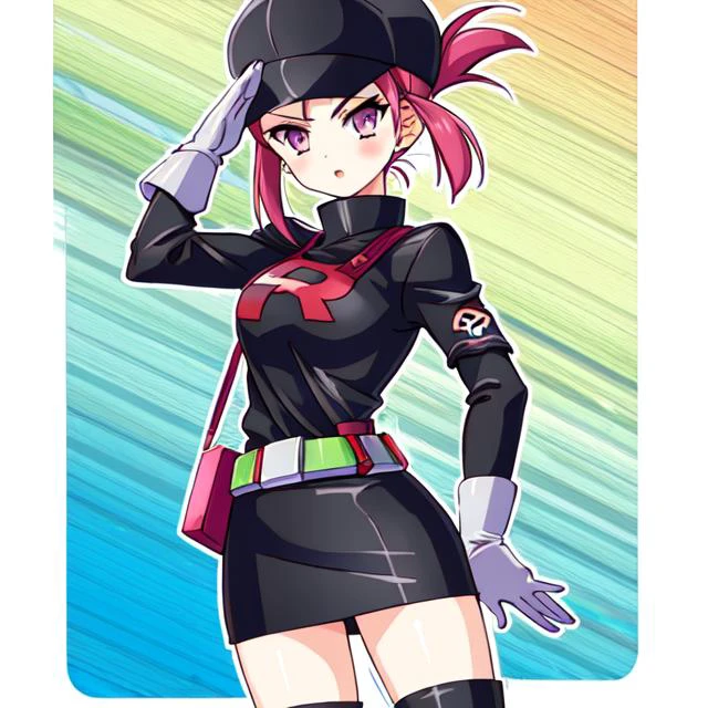 1girl, solo, <lora:TMRckt:1>, TMRckt, team rocket, team rocket uniform, ((clothes writing)), salute, best quality, masterpiece, highres