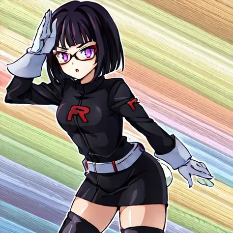 1girl, solo, <lora:TMRckt:0.9>, TMRckt, team rocket, team rocket uniform, ((clothes writing)), salute, best quality, masterpiece, highres, glowing eyes, mind control, <lora:sonaSitriDxd_sonaSitri:0.8>, black hair, purple eyes, short hair, bob cut,