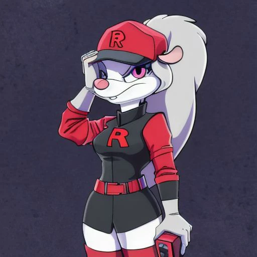 Minerva Mink (Animaniacs), 1girl, solo, <lora:TMRckt:1>, TMRckt, team rocket, team rocket uniform, ((clothes writing)), salute, best quality, masterpiece, highres