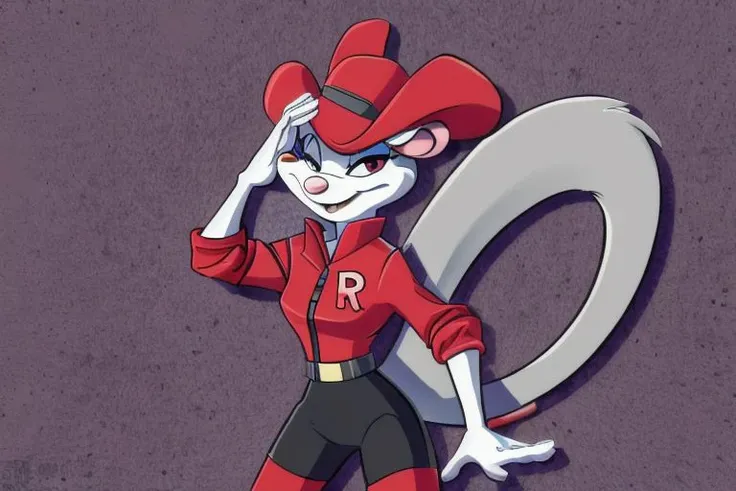 Minerva Mink (Animaniacs), 1girl, solo, <lora:TMRckt:1>, TMRckt, team rocket, team rocket uniform, ((clothes writing)), salute, best quality, masterpiece, highres