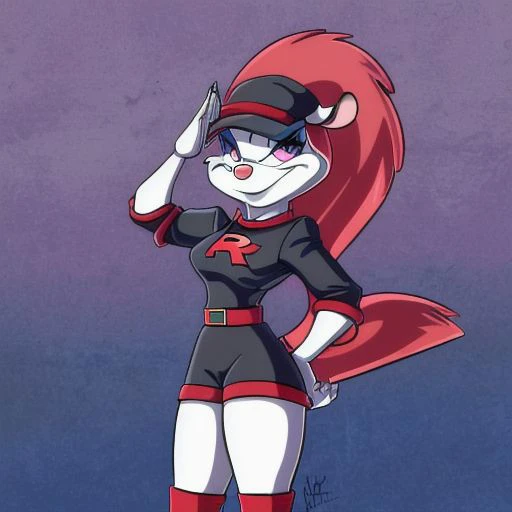 Minerva Mink (Animaniacs), 1girl, solo, <lora:TMRckt:1>, TMRckt, team rocket, team rocket uniform, ((clothes writing)), salute, best quality, masterpiece, highres