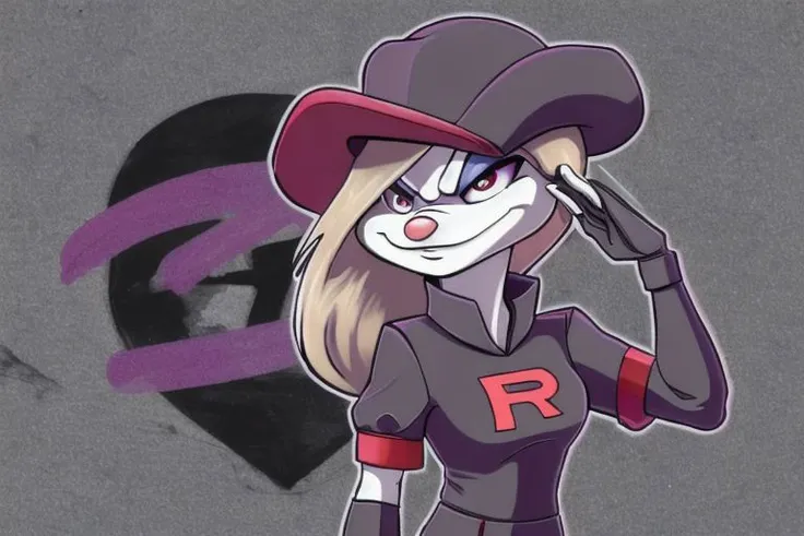 Minerva Mink (Animaniacs), 1girl, solo, <lora:TMRckt:1>, TMRckt, team rocket, team rocket uniform, ((clothes writing)), salute, best quality, masterpiece, highres