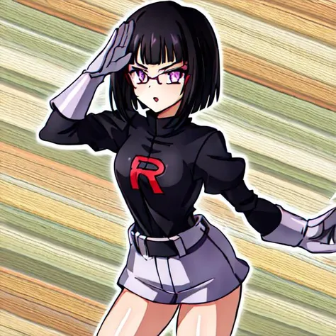 1girl, solo, <lora:TMRckt:0.9>, TMRckt, team rocket, team rocket uniform, ((clothes writing)), salute, best quality, masterpiece, highres, glowing eyes, mind control, <lora:sonaSitriDxd_sonaSitri:0.8>, black hair, purple eyes, short hair, bob cut,