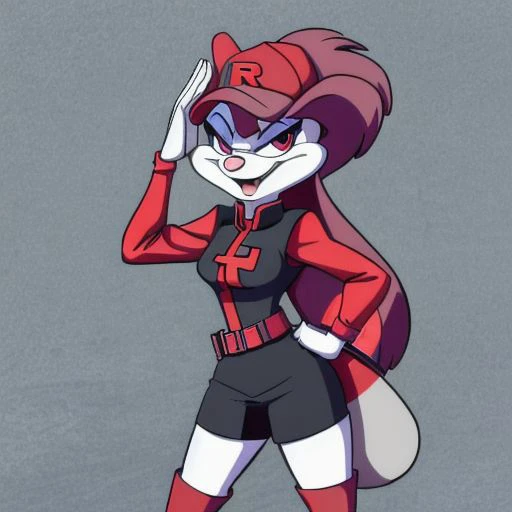 Minerva Mink (Animaniacs), 1girl, solo, <lora:TMRckt:1>, TMRckt, team rocket, team rocket uniform, ((clothes writing)), salute, best quality, masterpiece, highres