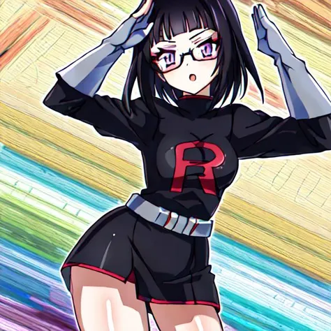 1girl, solo, <lora:TMRckt:0.9>, TMRckt, team rocket, team rocket uniform, ((clothes writing)), salute, best quality, masterpiece, highres, glowing eyes, mind control, <lora:sonaSitriDxd_sonaSitri:0.8>, black hair, purple eyes, short hair, bob cut,