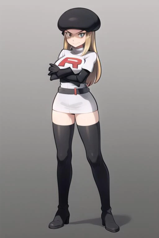 trgrunthgss, 1girl, solo, long hair, skirt, thighhighs, gloves, long sleeves, hat, city, dress, closed mouth, standing, full body, blonde hair, boots, belt, blue eyes, thigh boots, crossed arms, poke ball, logo, poke ball (basic), grey footwear, grey gloves, team rocket, team rocket uniform, black skirt, one beautiful girl, masterpiece, absurdres, evil smile, masturbating,
<lora:Team_Rocket_Grunt_HGSS:0.6> <lora:more_details:0.9>