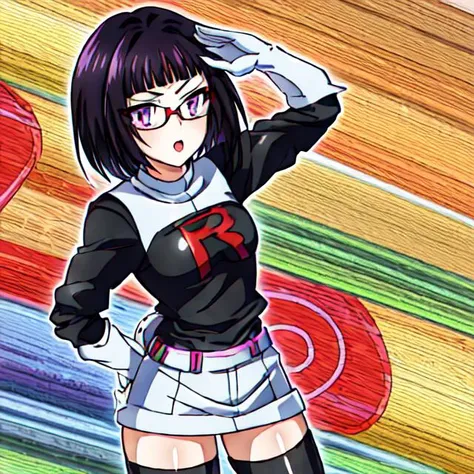 1girl, solo, <lora:TMRckt:0.9>, TMRckt, team rocket, team rocket uniform, ((clothes writing)), salute, best quality, masterpiece, highres, glowing eyes, mind control, <lora:sonaSitriDxd_sonaSitri:0.8>, black hair, purple eyes, short hair, bob cut,