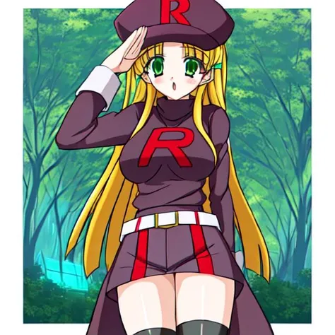 1girl, solo, <lora:TMRckt:0.8>, TMRckt, team rocket, team rocket uniform, ((clothes writing)), salute, best quality, masterpiece, highres, <lora:asia_argento:1> asia_argento, glowing eyes, mind control