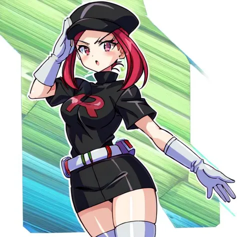 1girl, solo, <lora:TMRckt:1>, TMRckt, team rocket, team rocket uniform, ((clothes writing)), salute, best quality, masterpiece, highres, <lora:ShadeCorruption:0.8>, ShadeMC