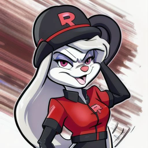 Minerva Mink (Animaniacs), 1girl, solo, <lora:TMRckt:1>, TMRckt, team rocket, team rocket uniform, ((clothes writing)), salute, best quality, masterpiece, highres