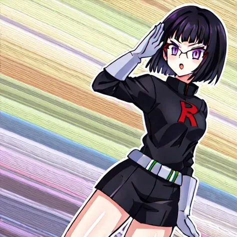 1girl, solo, <lora:TMRckt:0.9>, TMRckt, team rocket, team rocket uniform, ((clothes writing)), salute, best quality, masterpiece, highres, glowing eyes, mind control, <lora:sonaSitriDxd_sonaSitri:0.8>, black hair, purple eyes, short hair, bob cut,