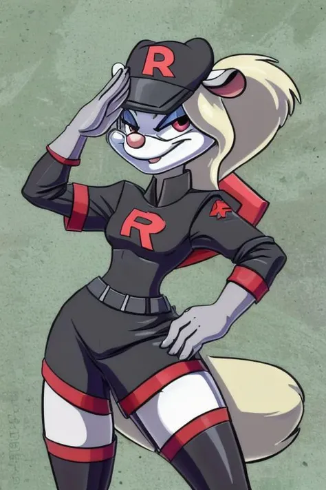 Minerva Mink (Animaniacs), 1girl, solo, <lora:TMRckt:1>, TMRckt, team rocket, team rocket uniform, ((clothes writing)), salute, best quality, masterpiece, highres