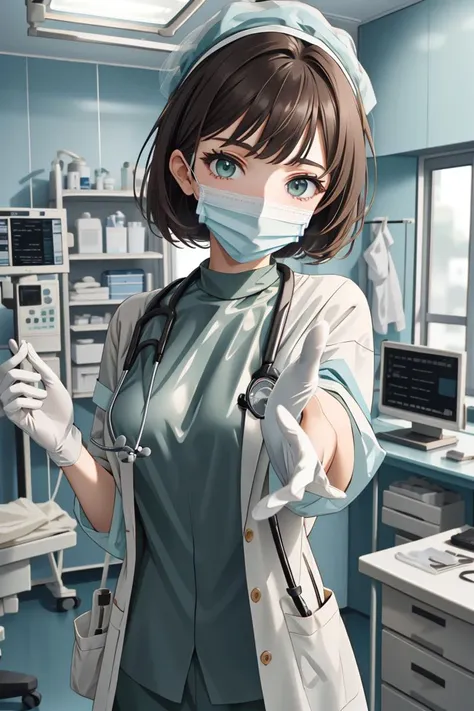 (RAW photo, best quality), operating room, overhead surgical light,blurred background, focused, dithering,backlighting,
 <lora:rubber_surgeon_hand_V1.0-000006:0.85>  rubber_surgeon_hand, 1girl, solo, looking at viewer, reaching towards viewer, stethoscope, doctor, surgical mask, indoors,headwear, latex, surgical gloves, outstretched arm,
 <lora:haradamakoto-nvwls-v1:0.55>  haradamakoto,solo,1girl,green eyes,brown hair, bob hair