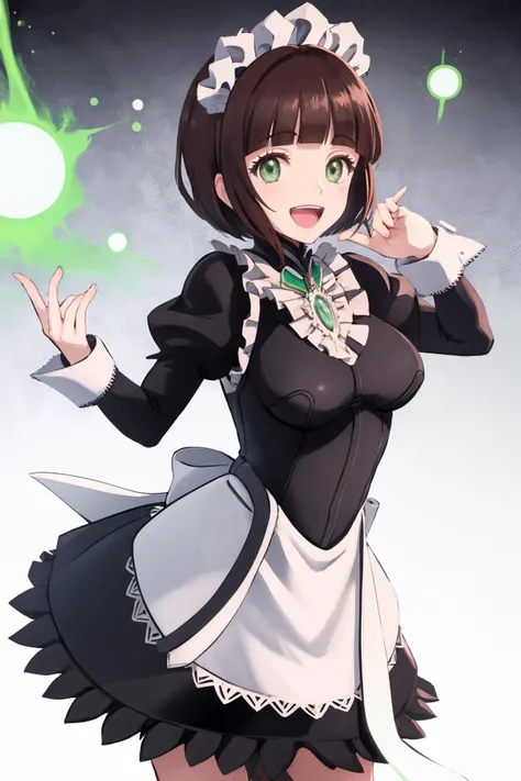 masterpiece, best quality, 1girl, solo, standing, <lora:haradamakoto-nvwls-v1-final:1> haradamakoto, green eyes, pink shirt, <lora:FEFatesMaid_v1:1> fates maid, maid headdress, :D