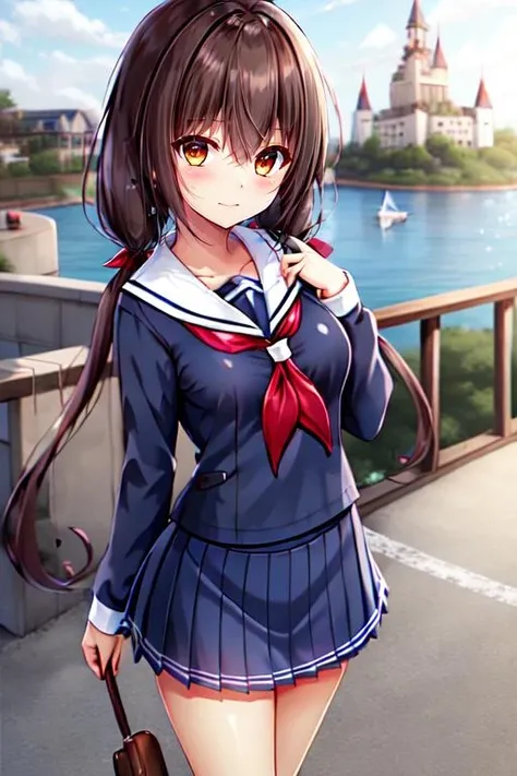 <lora:exstia_siori_v1:0.8>,exstia_siori,from front,1girl, solo,brown hair, very long hairs,brown eyes, school uniform,medium breast,red neckerchief, serafuku, low twintails,blue serafuku,blue skirt,blue shirt,white sailor collar,
,building,castle, long sleeves, black socks