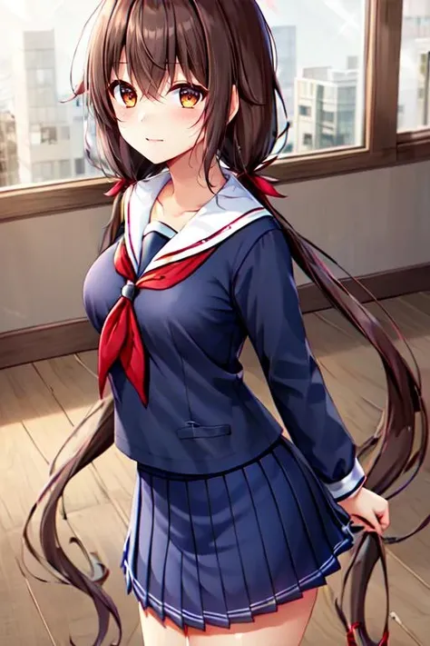 <lora:exstia_siori_v1:0.7>,exstia_siori,from front,1girl, solo,brown hair, very long hairs,brown eyes, school uniform,medium breast,red neckerchief, serafuku, low twintails,blue serafuku,blue skirt,blue shirt,white sailor collar,
,building,indoors, long sleeves, black socks,