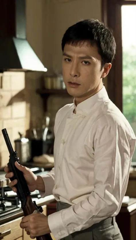 Best quality, 8k, Masterpiece,, ultra detailed, (realistic: 1.2), 1man, solo, (full body:1.2),
a man in (suit and tie:1.1) in a kitchen at night, holding a gun, ((suit, shirt, tie)),
<lora:ipman:0.7>