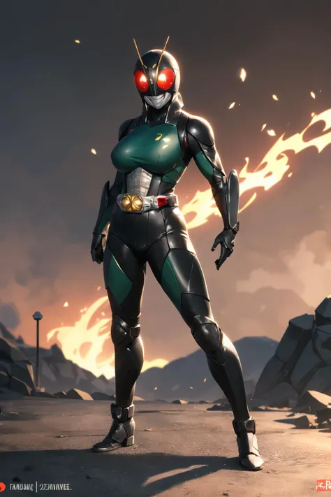 ((masterpiece,best quality)), absurdres, <lora:Kamen_Rider_Black_RX:0.6>, Kamen_Rider_Black_RX, 1girl,solo, mature female,large breasts,smiling, looking at viewer, cowboy shot, cinematic composition, dynamic pose,golden belt,glowing eyes <lyco:GoodHands-beta2:1.0> full body shot