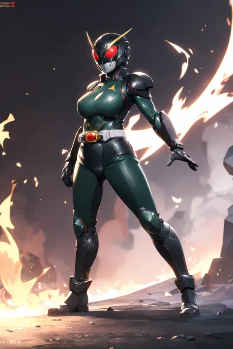 ((masterpiece,best quality)), absurdres, <lora:Kamen_Rider_Black_RX:0.6>, Kamen_Rider_Black_RX, 1girl,solo, mature female,large breasts,smiling, looking at viewer, cowboy shot, cinematic composition, dynamic pose,golden belt,glowing eyes <lyco:GoodHands-beta2:1.0> full body shot