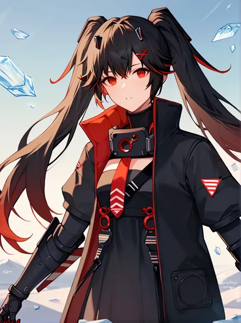 score_9, score_8_up, score_7_up, score_6_up, score_5_up, score_4_up, source_anime, plumebase, twintails, very long hair, black hair, red eyes, two-tone hair, x hair ornament,
black coat, high collar, open coat, short sleeves, black dress, mechanical arms, mechanical legs, collar, red tie,
BREAK cowboy shot, ice, subsurface scattering, floating hair, blizzard, wind, looking at viewer, parted lips, black pantyhose
<lora:luciaplume-step00001600:1>