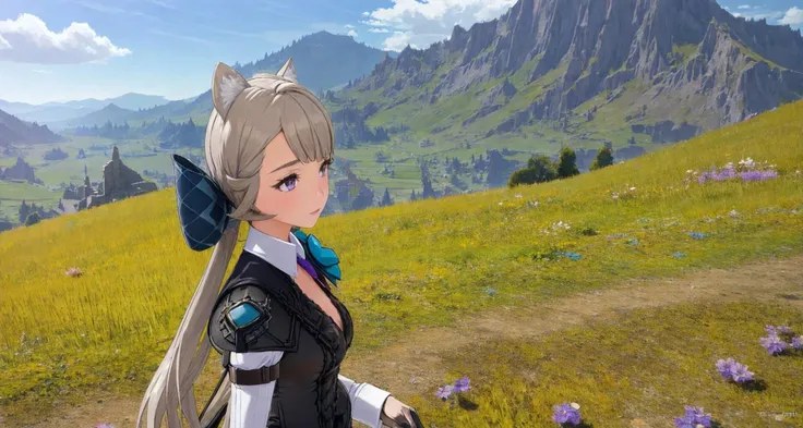 Pictures of great artistic value,
(best quality:1.2), high quality shadow, beautiful detailed, (high detailed skin, skin details),
the long road, flatlands, mountain, (strange ruins:1.2), grass, (flower field:1.3),
lynette, 1girl, solo, purple eyes, animal ears, grey hair, bow, cat ears, breasts, puffy sleeves, animal ear fluff, facial mark,
<lora:boldline:-0.5>
<lora:lynette:1:1:lbw=0,0,0,0,0,0,0.2,0,0.8,1,1,0.2,0,0,0,0,0>