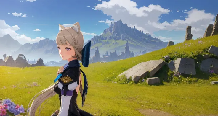 Pictures of great artistic value,
(best quality:1.2), high quality shadow, beautiful detailed, (high detailed skin, skin details),
the long road, flatlands, mountain, (strange ruins:1.2), grass, (flower field:1.3),
lynette, 1girl, solo, purple eyes, animal ears, grey hair, bow, cat ears, breasts, puffy sleeves, animal ear fluff, facial mark,
<lora:boldline:-0.5>
<lora:lynette:1:1:lbw=0,0,0,0,0,0,0.2,0,0.8,1,1,0.2,0,0,0,0,0>