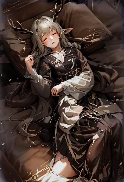 1 girl, solo,best quality,masterpiece, <lora:Alina-000033:0.7>, Alina, antlers, deer ears, bed, bed sheet, 1girl, solo, full body, lying, on back, nightgown, sleeping, closed eyes,ribbon