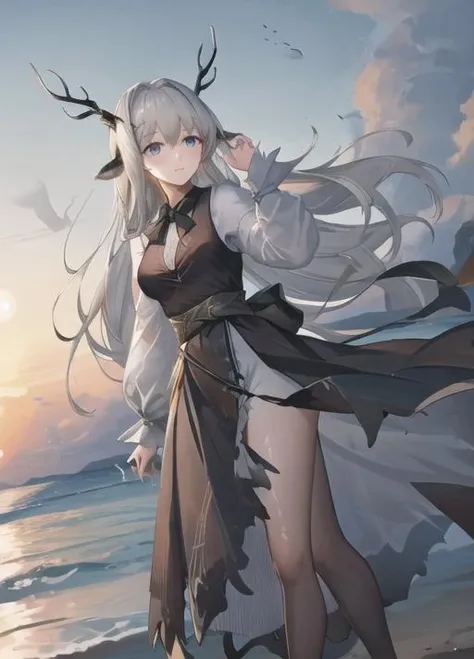 masterpiece, best quality, highres,  1girl,beach background, Alina, antlers, black deer ears, long dress, <lyco:Alina_V3:0.85>,  standing