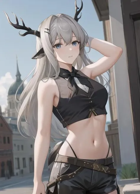 masterpiece, best quality, highres, 1girl,city background, Alina, antlers, black deer ears, sleeveless, croptop, midriff, cowboy shot shorts , <lyco:Alina_V3:0.85>