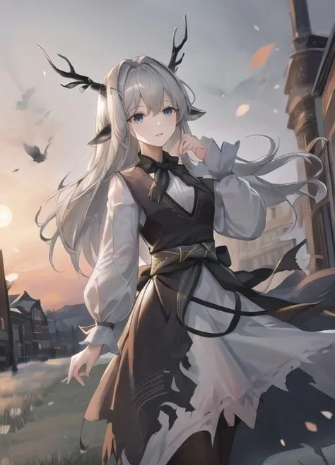masterpiece, best quality, highres, 1girl,town background, Alina, antlers, black deer ears, long dress, <lyco:Alina_V3:0.85>, standing