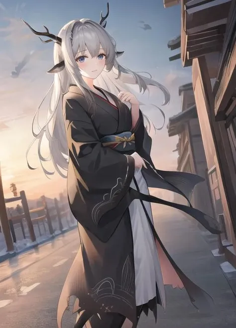 masterpiece, best quality, highres, 1girl,city background, Alina, antlers, black deer ears, long dress, <lyco:Alina_V3:0.75>, standing, kimono, japanese clothes, japanese kimono, long kimono
