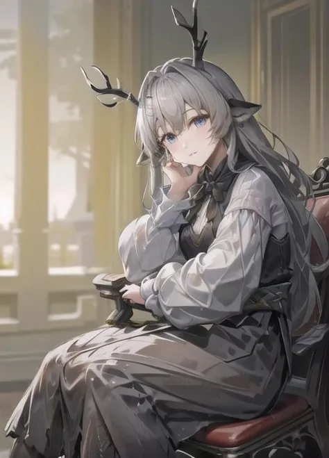 masterpiece, best quality, highres,  1girl,indoor background, Alina, antlers, black deer ears,  sitting  on benches,  <lyco:Alina_V3:0.88>
