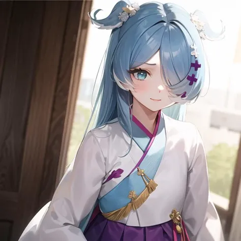 best quality, masterpiece, highres, solo, {yukata:1.40}, {kimono:1.20}, {focalors_genshin:1.15}, blue_eyes, hat, blue_hair, white_hair, hair_between_eyes, bangs, smile, bow, ahoge, multicolored_hair, long_hair