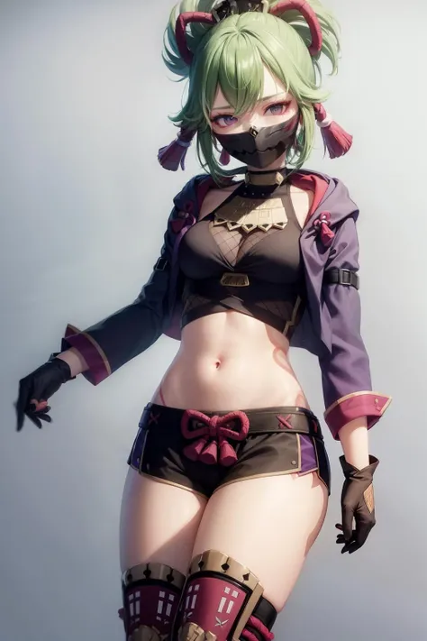 masterpiece, best quality,  <lora:KukiShinobu:1>,1girl,solo,kuki shinobu,mouth mask,ninja mask,green hair,ponytail,hair ornament, purple eyes, gloves,purple jacket,cropped jacket,hood,crop top, navel,body markings.short shorts, thighhighs, fishnets, grey background,