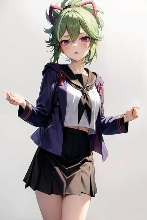 masterpiece, best quality, <lora:KukiShinobu:1>,1girl, mask, skirt, purple eyes, green hair, solo, mouth mask, school uniform, purple jacket, jacket, cropped legs, black skirt, serafuku, bangs, black mask, pleated skirt, holding, sailor collar, hair between eyes, ponytail, neckerchief, looking at viewer, long sleeves, hood, alternate costume, open clothes, grey background, simple background