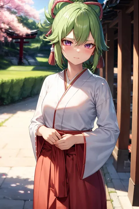 masterpiece, best quality, <lora:KukiShinobu:1>,1girl, solo, miko, japanese clothes, purple eyes,red bow,hair bow, green hair, hakama, wide sleeves, cherry blossoms, outdoors, hair between eyes, bangs, skirt, alternate costume, ribbon-trimmed sleeves, ribbon trim, long sleeves, red hakama, blurry, sidelocks, blurry background, ponytail, closed mouth, hakama skirt, kimono, petals, shrine, torii