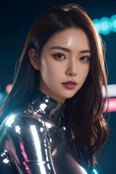 <lora:Silver_Leotard_By_Stable_Yogi:0.6>, best quality, masterpiece, illustration, realistic, photo-realistic, amazing, finely detail, incredibly absurdres, huge filesize, ultra-detailed, highres, extremely detailed CG unity 8k wallpaper, nsfw, covered nipples, A Korean woman wearing a futuristic shiny silver bodysuit with a full cleavage cutout in the front, exposing her breasts, thigh-high boots and other cutouts. She has an alluring, sexually suggestive expression on her close-up face decorated with high-tech LED light strips. Her bodysuit clings to her curvy figure and has a glossy metallic sheen. She has delicate Asian facial features. Her hair is chin-length and dyed with bold pink, blue and white colors in a messy, highlighted style. In the dynamic cyberpunk neon city backdrop, there are flying vehicles and advanced technology. Her face and body are framed in a close-up, intimate view.