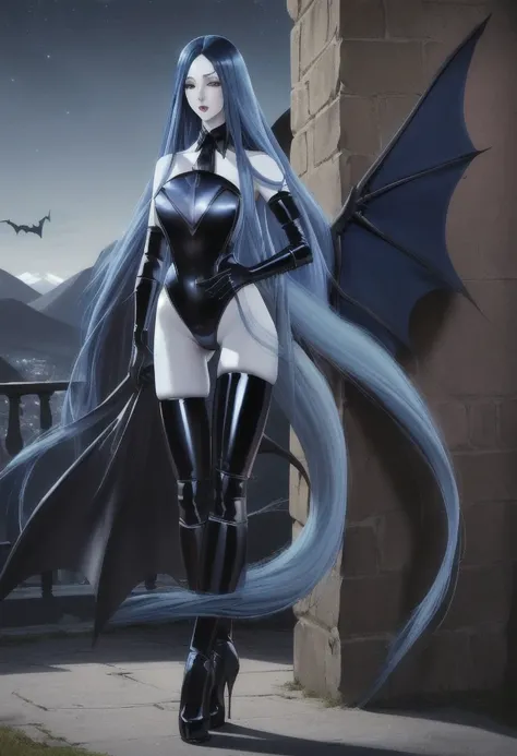 high resolution, masterpiece, high quality, promo art, close up, <lora:shanoa-nvwls-v1-final:.7> Shanoa, (((extremely pale skin, long blue hair))), large breasts, black latex thigh-highs, black latex gloves, ((strapless black latex leotard)), ((giant blue bat wings)), mountains, castle, night time